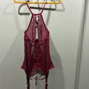 Lovehoney Plus Size Burgundy Lace Mesh Lingerie Teddy Bodysuit with Garters